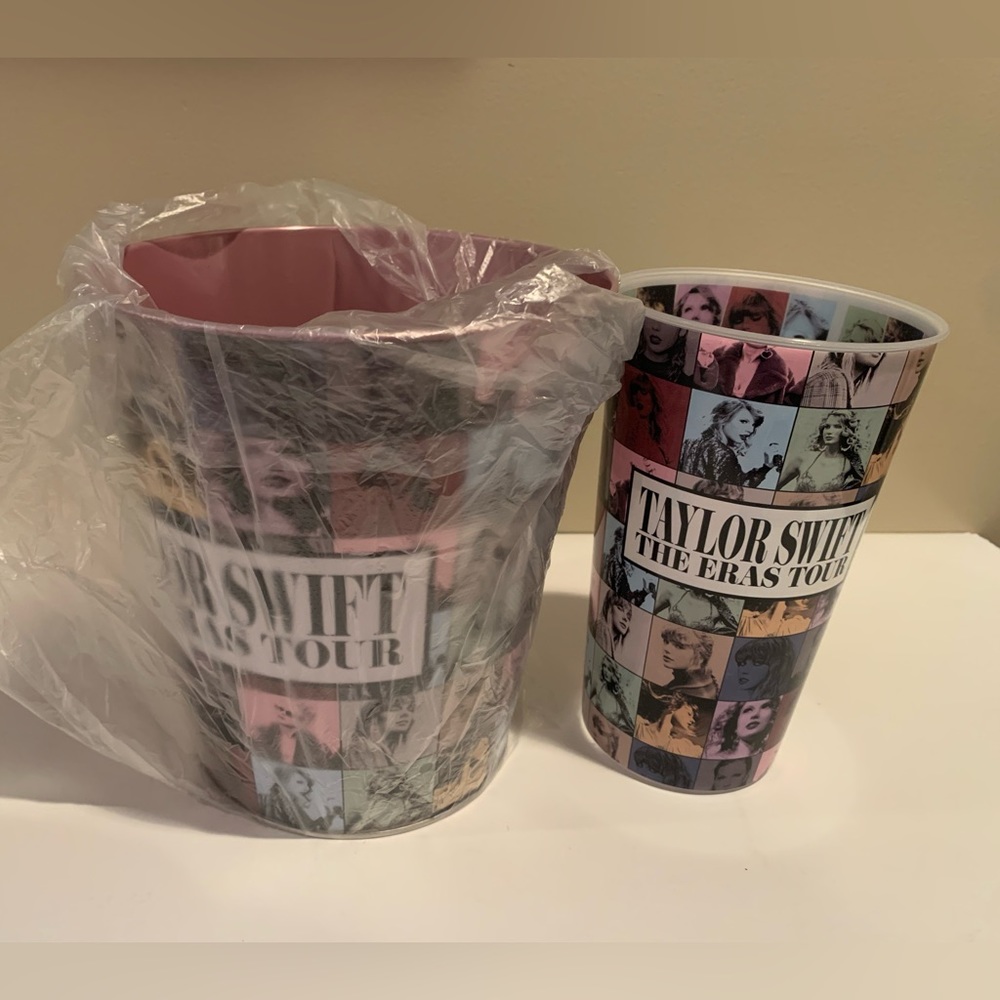 Taylor Swift Eras Tour AMC Popcorn Embossed Tin Bucket Pink Inside Tour Cup New!
